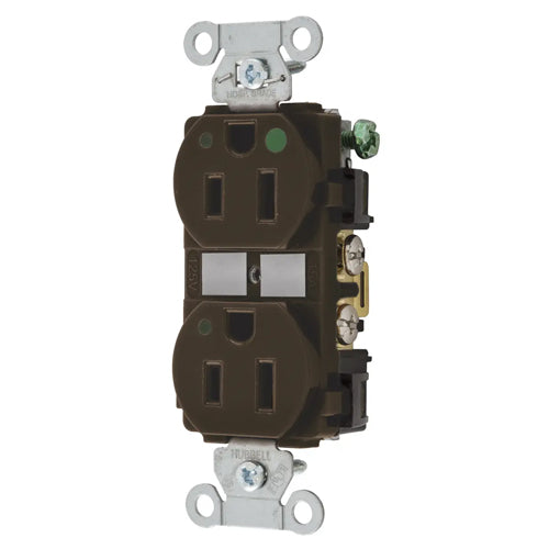 Hubbell-PRO Extra Heavy Duty Hospital Grade Receptacles, Duplex, LED Indicator, Smooth Nylon Face, Back And Side Wired, 15A 125V, 5-15R, 2-Pole 3-Wire Grounding, Brown, 8200L