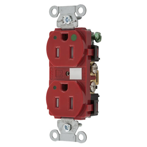 Hubbell-PRO Extra Heavy Duty Hospital Grade Receptacles, Tamper Resistant, Duplex, LED Indicator, Smooth Nylon Face, Back And Side Wired, 15A 125V, 5-15R, 2-Pole 3-Wire Grounding, Red, 8200REDLTRA