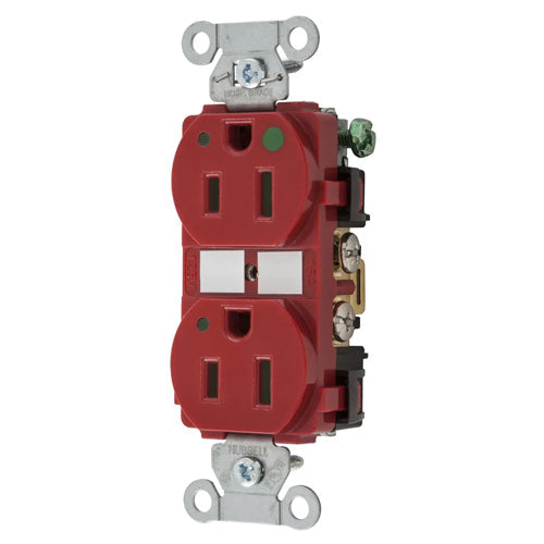 Hubbell-PRO Extra Heavy Duty Hospital Grade Receptacles, Duplex, LED Indicator, Smooth Nylon Face, Back And Side Wired, 15A 125V, 5-15R, 2-Pole 3-Wire Grounding, Red, 8200REDL