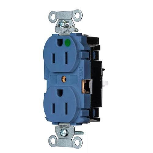 EdgeConnect Hubbell-PRO Extra Heavy Duty Hospital Grade Receptacles, Duplex, Smooth Face, Spring Termination, 15A 125V, 5-15R, 2-Pole 3-Wire Grounding, Blue, 8200STBL