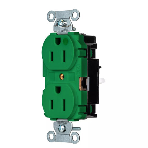 EdgeConnect Hubbell-PRO Extra Heavy Duty Hospital Grade Receptacles, Duplex, Smooth Face, Spring Termination, 15A 125V, 5-15R, 2-Pole 3-Wire Grounding, Green, 8200STGN