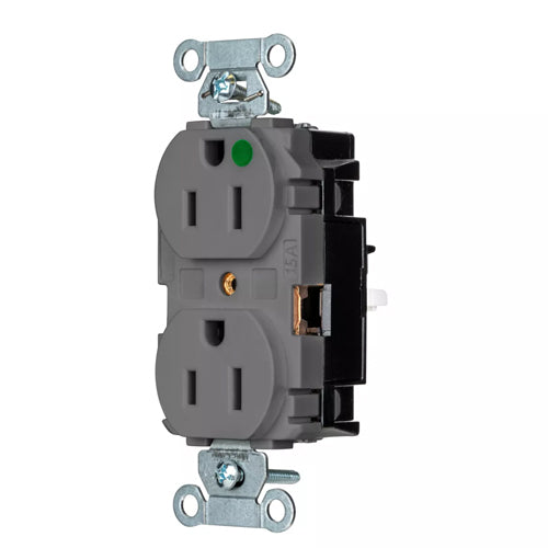 EdgeConnect Hubbell-PRO Extra Heavy Duty Hospital Grade Receptacles, Duplex, Smooth Face, Spring Termination, 15A 125V, 5-15R, 2-Pole 3-Wire Grounding, Gray, 8200STGY