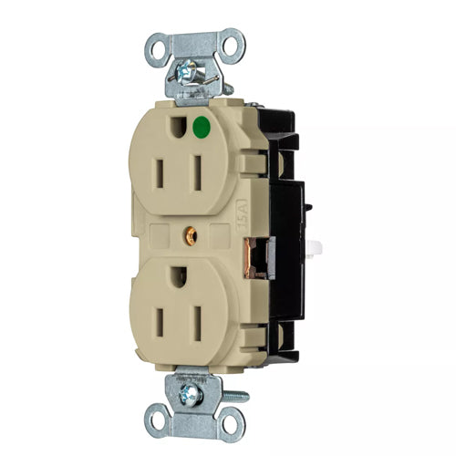 EdgeConnect Hubbell-PRO Extra Heavy Duty Hospital Grade Receptacles, Duplex, Smooth Face, Spring Termination, 15A 125V, 5-15R, 2-Pole 3-Wire Grounding, Ivory, 8200STI