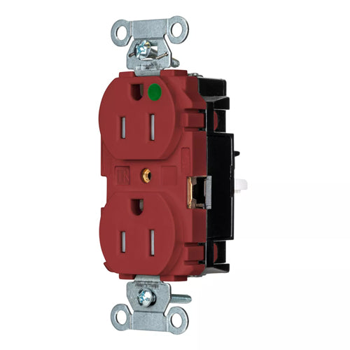 EdgeConnect Hubbell-PRO Extra Heavy Duty Hospital Grade Receptacles, Tamper Resistant, Duplex, Smooth Face, Spring Termination, 15A 125V, 5-15R, 2-Pole 3-Wire Grounding, Red, 8200STRTR