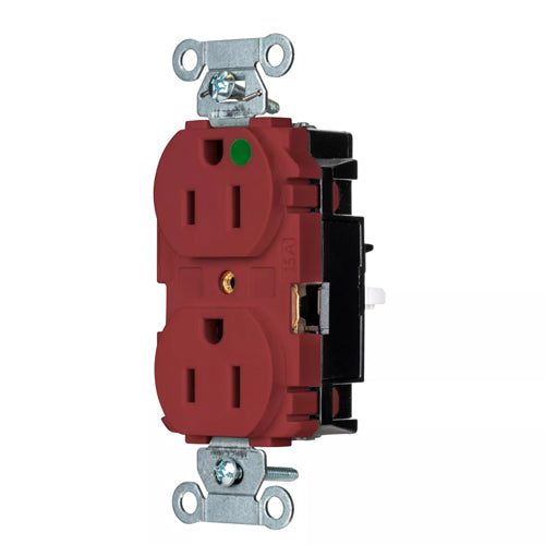 EdgeConnect Hubbell-PRO Extra Heavy Duty Hospital Grade Receptacles, Duplex, Smooth Face, Spring Termination, 15A 125V, 5-15R, 2-Pole 3-Wire Grounding, Red, 8200STR