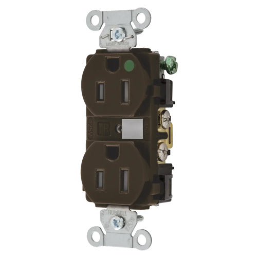 Hubbell-PRO Extra Heavy Duty Hospital Grade Receptacles, Duplex, Tamper Resistant, Smooth Nylon Face, Back And Side Wired, 15A 125V, 5-15R, 2-Pole 3-Wire Grounding, Brown, 8200TRA