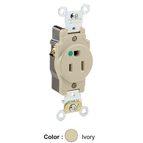 Leviton 8210-I, Standard Straight Blade Single Receptacle, Heavy-Duty Hospital Grade, Smooth Face, 15A 125V, NEMA 5-15R, 2-Pole, 3-Wire, Back and Side Wire, Ivory