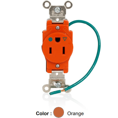 Leviton 8210-IG, Standard Straight Blade Single Receptacle, Heavy-Duty Hospital Grade, Smooth Face, Isolated Ground, 15A 125V, NEMA 5-15R, 2-Pole, 3-Wire, Back and Side Wire, Orange