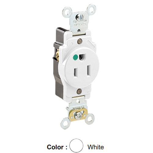 Leviton 8210-W, Standard Straight Blade Single Receptacle, Heavy-Duty Hospital Grade, Smooth Face, 15A 125V, NEMA 5-15R, 2-Pole, 3-Wire, Back and Side Wire, White