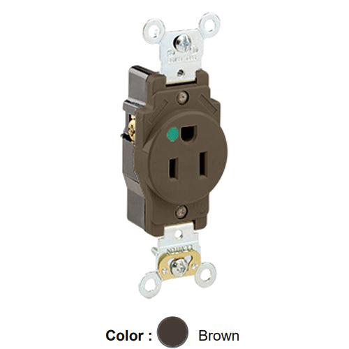 Leviton 8210, Standard Straight Blade Single Receptacle, Heavy-Duty Hospital Grade, Smooth Face, 15A 125V, NEMA 5-15R, 2-Pole, 3-Wire, Back and Side Wire, Brown