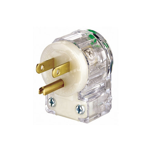 Leviton 8215-CAT, Straight Blade Angle Plug, Hospital Grade, 15A 125V, NEMA 5-15P, 2-Pole, 3-Wire, Grounding, Transparent