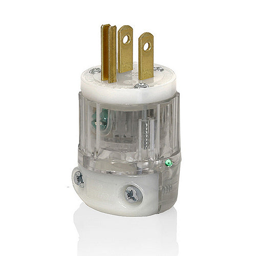 Leviton 8215-PLC, Straight Blade Plug, Hospital Grade, Power Indication, 15A 125V, NEMA 5-15P, 2-Pole, 3-Wire, Grounding, Transparent