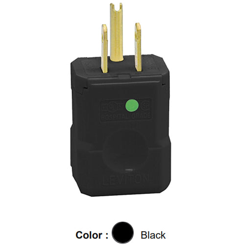 Leviton 8256-VB, Python Straight Blade Plug, Hospital Grade, 15A 125V, NEMA 5-15P, 2-Pole, 3-Wire, Grounding, Black