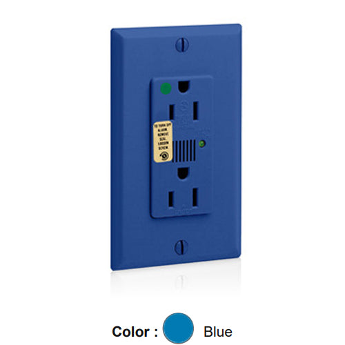 Leviton 8280-B, Decora Plus Surge Protective Duplex Receptacle, Heavy-Duty Hospital Grade, Audible Alarm, Indicator Light, 15A 125V, NEMA 5-15R, 2-Pole, 3-Wire, Back and Side Wire, Blue