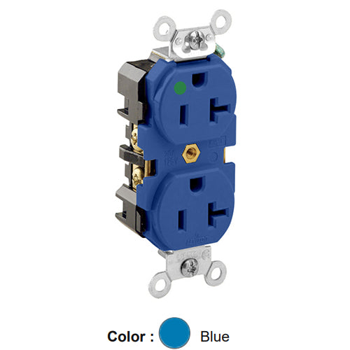 Leviton 8300-BU, Standard Straight Blade Duplex Receptacle, Extra Heavy-Duty Hospital Grade, Smooth Face, 20A 125V, NEMA 5-20R, 2-Pole, 3-Wire, Back and Side Wire, Blue
