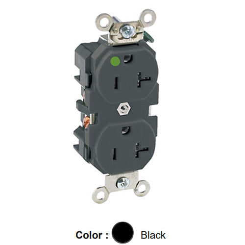 Leviton 8300-E, Standard Straight Blade Duplex Receptacle, Extra Heavy-Duty Hospital Grade, Smooth Face, 20A 125V, NEMA 5-20R, 2-Pole, 3-Wire, Back and Side Wire, Black