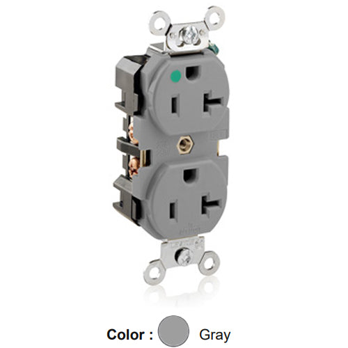 Leviton 8300-GY, Standard Straight Blade Duplex Receptacle, Extra Heavy-Duty Hospital Grade, Smooth Face, 20A 125V, NEMA 5-20R, 2-Pole, 3-Wire, Back and Side Wire, Gray