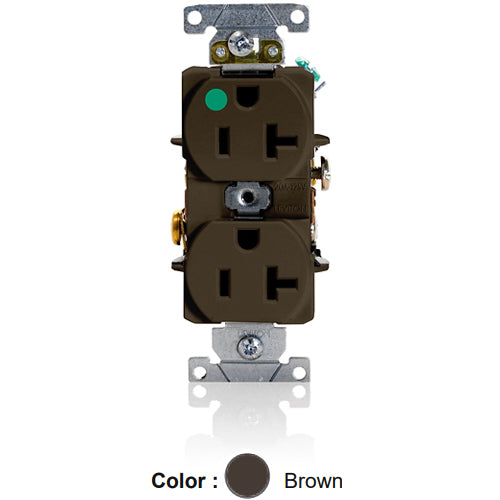 Leviton 8300-H, Standard Straight Blade Duplex Receptacle, Heavy-Duty Hospital Grade, Smooth Face, 20A 125V, NEMA 5-20R, 2-Pole, 3-Wire, Back and Side Wire, Brown