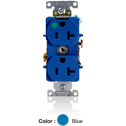 Leviton 8300-HBU, Standard Straight Blade Duplex Receptacle, Heavy-Duty Hospital Grade, Smooth Face, 20A 125V, NEMA 5-20R, 2-Pole, 3-Wire, Back and Side Wire, Blue