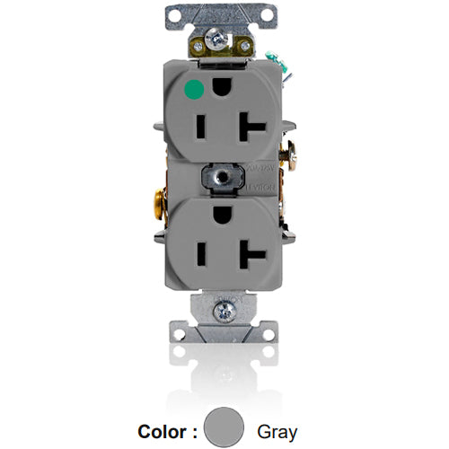Leviton 8300-HGY, Standard Straight Blade Duplex Receptacle, Heavy-Duty Hospital Grade, Smooth Face, 20A 125V, NEMA 5-20R, 2-Pole, 3-Wire, Back and Side Wire, Gray