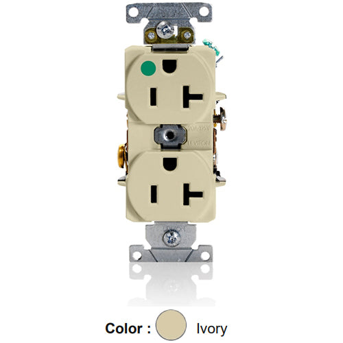 Leviton 8300-HI, Standard Straight Blade Duplex Receptacle, Heavy-Duty Hospital Grade, Smooth Face, 20A 125V, NEMA 5-20R, 2-Pole, 3-Wire, Back and Side Wire, Ivory