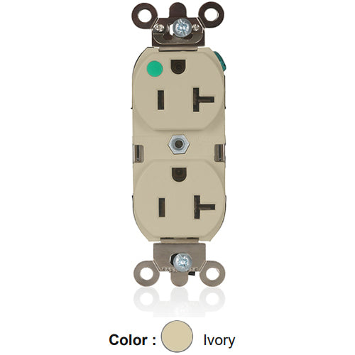Leviton 8300-HLI, Standard Straight Blade Duplex Receptacle, Illuminated, Heavy-Duty Hospital Grade, Smooth Face, 20A 125V, NEMA 5-20R, 2-Pole, 3-Wire, Back and Side Wire, Ivory