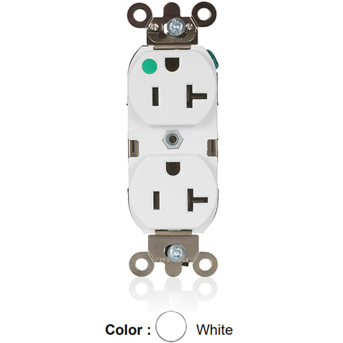Leviton 8300-HLW, Standard Straight Blade Duplex Receptacle, Illuminated, Heavy-Duty Hospital Grade, Smooth Face, 20A 125V, NEMA 5-20R, 2-Pole, 3-Wire, Back and Side Wire, White