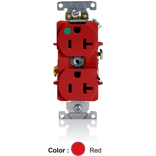 Leviton 8300-HR, Standard Straight Blade Duplex Receptacle, Heavy-Duty Hospital Grade, Smooth Face, 20A 125V, NEMA 5-20R, 2-Pole, 3-Wire, Back and Side Wire, Red