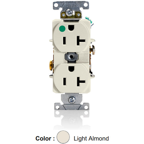 Leviton 8300-HT, Standard Straight Blade Duplex Receptacle, Heavy-Duty Hospital Grade, Smooth Face, 20A 125V, NEMA 5-20R, 2-Pole, 3-Wire, Back and Side Wire, Light Almond