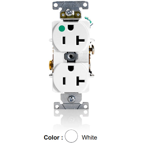 Leviton 8300-HW, Standard Straight Blade Duplex Receptacle, Heavy-Duty Hospital Grade, Smooth Face, 20A 125V, NEMA 5-20R, 2-Pole, 3-Wire, Back and Side Wire, White