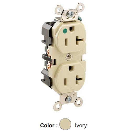Leviton 8300-I, Standard Straight Blade Duplex Receptacle, Extra Heavy-Duty Hospital Grade, Smooth Face, 20A 125V, NEMA 5-20R, 2-Pole, 3-Wire, Back and Side Wire, Ivory