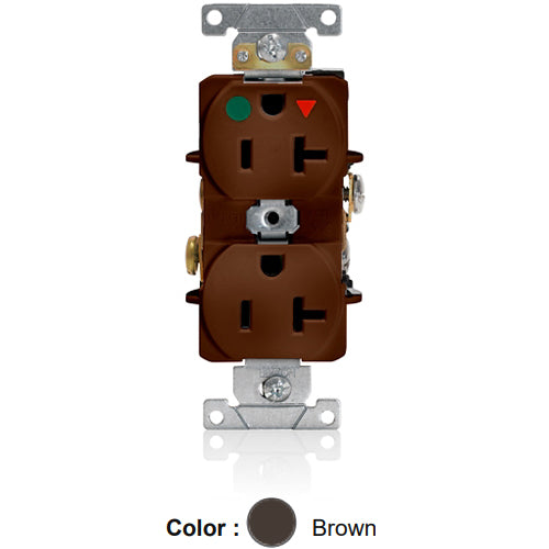 Leviton 8300-IGB, Standard Straight Blade Duplex Receptacle, Heavy-Duty Hospital Grade, Smooth Face, Isolated Ground, 20A 125V, NEMA 5-20R, 2-Pole, 3-Wire, Back and Side Wire, Brown