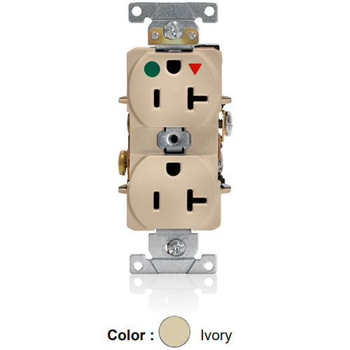 Leviton 8300-IGI, Standard Straight Blade Duplex Receptacle, Heavy-Duty Hospital Grade, Smooth Face, Isolated Ground, 20A 125V, NEMA 5-20R, 2-Pole, 3-Wire, Back and Side Wire, Ivory