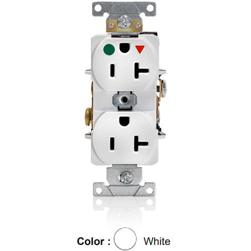 Leviton 8300-IGW, Standard Straight Blade Duplex Receptacle, Heavy-Duty Hospital Grade, Smooth Face, Isolated Ground, 20A 125V, NEMA 5-20R, 2-Pole, 3-Wire, Back and Side Wire, White