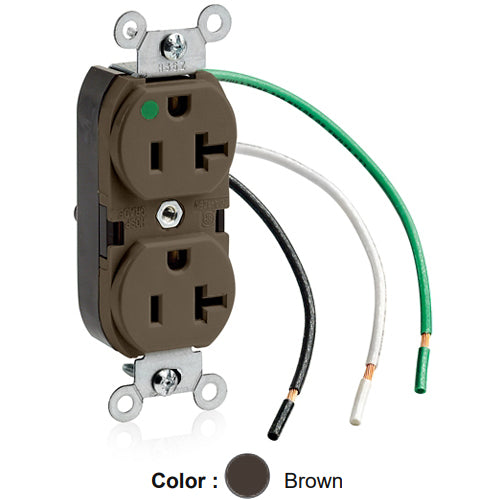 Leviton 8300-L, Standard Straight Blade Duplex Receptacle, Heavy-Duty Hospital Grade, Smooth Face, 20A 125V, NEMA 5-20R, 2-Pole, 3-Wire, Pre-Wired Leads, Brown
