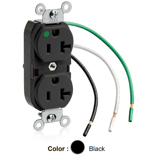 Leviton 8300-LE, Standard Straight Blade Duplex Receptacle, Heavy-Duty Hospital Grade, Smooth Face, 20A 125V, NEMA 5-20R, 2-Pole, 3-Wire, Pre-Wired Leads, Black