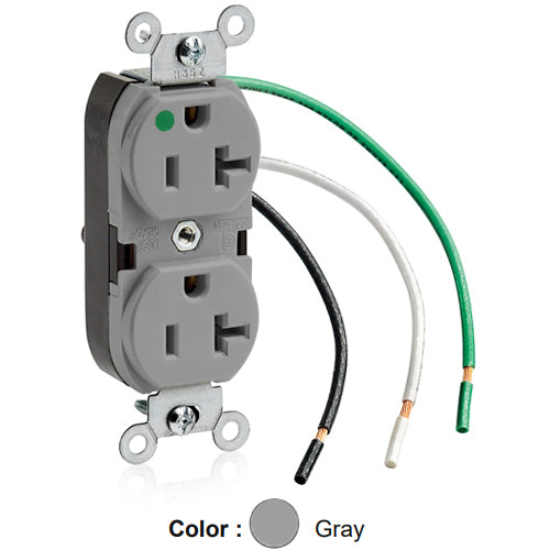 Leviton 8300-LGY, Standard Straight Blade Duplex Receptacle, Heavy-Duty Hospital Grade, Smooth Face, 20A 125V, NEMA 5-20R, 2-Pole, 3-Wire, Pre-Wired Leads, Gray