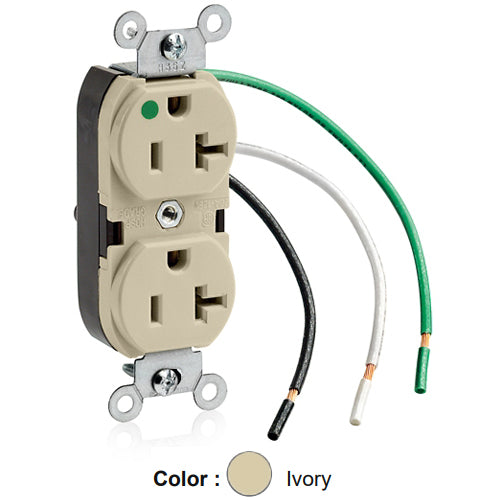 Leviton 8300-LI, Standard Straight Blade Duplex Receptacle, Heavy-Duty Hospital Grade, Smooth Face, 20A 125V, NEMA 5-20R, 2-Pole, 3-Wire, Pre-Wired Leads, Ivory