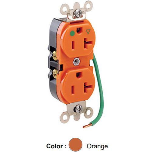 Leviton 8300-LIG, Standard Straight Blade Duplex Receptacle, Heavy-Duty Hospital Grade, Smooth Face, Isolated Ground, 20A 125V, NEMA 5-20R, 2-Pole, 3-Wire, Back and Side Wire; Pre-wired Ground Lead, Orange