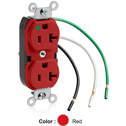 Leviton 8300-LR, Standard Straight Blade Duplex Receptacle, Heavy-Duty Hospital Grade, Smooth Face, 20A 125V, NEMA 5-20R, 2-Pole, 3-Wire, Pre-Wired Leads, Red