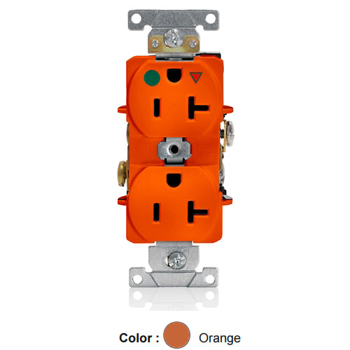 Leviton 8300-OIG, Narrow Body Straight Blade Duplex Receptacle, Hospital Grade, Isolated Ground, 20A 125V, NEMA 5-20R, 2-Pole, 3-Wire, Back & Side Wired, Orange