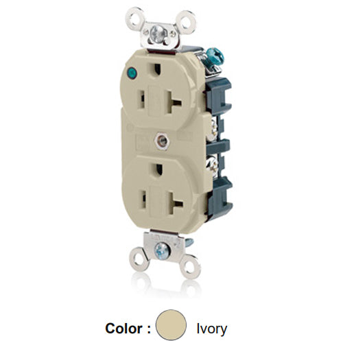 Leviton 8300-PLI, Standard Straight Blade Duplex Receptacle, Extra Heavy-Duty Hospital Grade, Power Indication, Smooth Face, 20A 125V, NEMA 5-20R, 2-Pole, 3-Wire, Back and Side Wire, Ivory