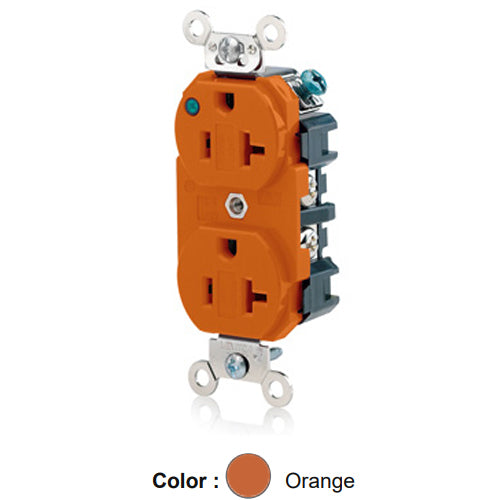 Leviton 8300-PLO, Standard Straight Blade Duplex Receptacle, Extra Heavy-Duty Hospital Grade, Power Indication, Smooth Face, 20A 125V, NEMA 5-20R, 2-Pole, 3-Wire, Back and Side Wire, Orange