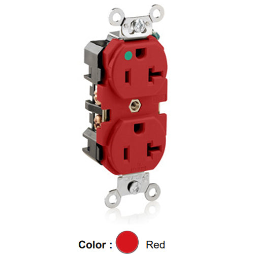 Leviton 8300-R, Standard Straight Blade Duplex Receptacle, Extra Heavy-Duty Hospital Grade, Smooth Face, 20A 125V, NEMA 5-20R, 2-Pole, 3-Wire, Back and Side Wire, Red
