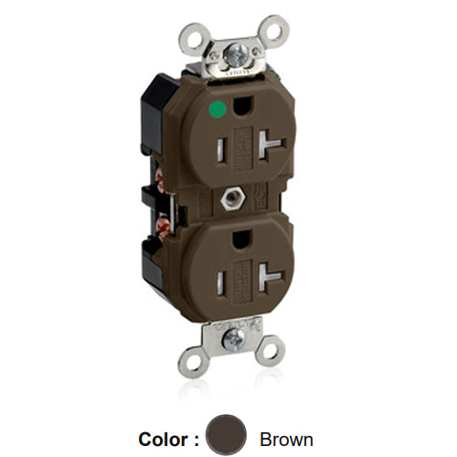 Leviton 8300-SG, Tamper-Resistant Standard Straight Blade Duplex Receptacle, Extra Heavy-Duty Hospital Grade, Smooth Face, 20A 125V, NEMA 5-20R, 2-Pole, 3-Wire, Back and Side Wire, Brown