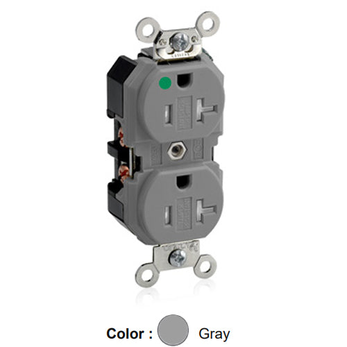 Leviton 8300-SGG, Tamper-Resistant Standard Straight Blade Duplex Receptacle, Extra Heavy-Duty Hospital Grade, Smooth Face, 20A 125V, NEMA 5-20R, 2-Pole, 3-Wire, Back and Side Wire, Gray