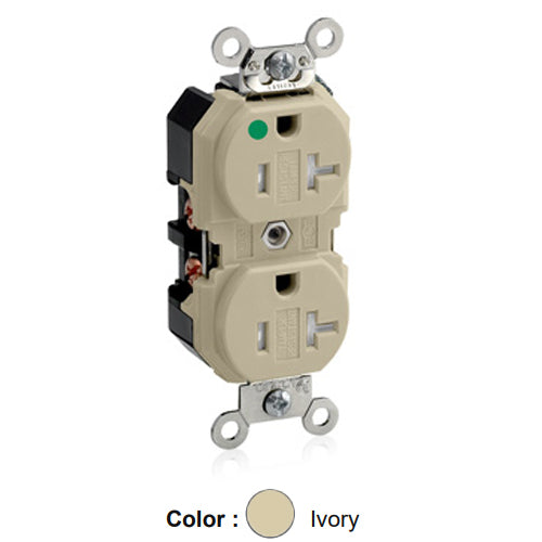 Leviton 8300-SGI, Tamper-Resistant Standard Straight Blade Duplex Receptacle, Extra Heavy-Duty Hospital Grade, Smooth Face, 20A 125V, NEMA 5-20R, 2-Pole, 3-Wire, Back and Side Wire, Ivory