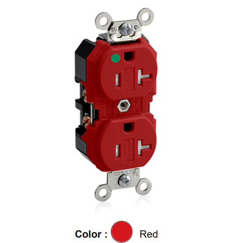 Leviton 8300-SGR, Tamper-Resistant Standard Straight Blade Duplex Receptacle, Extra Heavy-Duty Hospital Grade, Smooth Face, 20A 125V, NEMA 5-20R, 2-Pole, 3-Wire, Back and Side Wire, Red