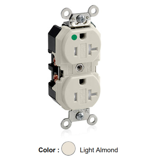Leviton 8300-SGT, Tamper-Resistant Standard Straight Blade Duplex Receptacle, Extra Heavy-Duty Hospital Grade, Smooth Face, 20A 125V, NEMA 5-20R, 2-Pole, 3-Wire, Back and Side Wire, Light Almond