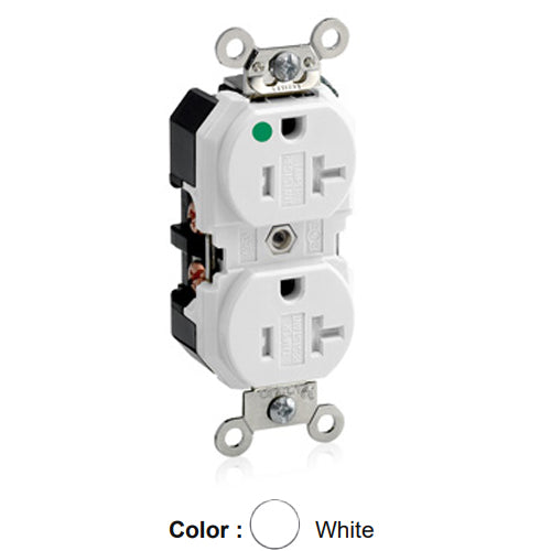 Leviton 8300-SGW, Tamper-Resistant Standard Straight Blade Duplex Receptacle, Extra Heavy-Duty Hospital Grade, Smooth Face, 20A 125V, NEMA 5-20R, 2-Pole, 3-Wire, Back and Side Wire, White
